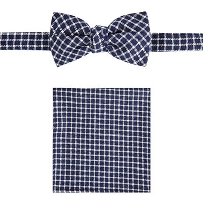 Navy checked bow tie and pocket square set